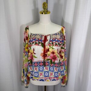 Desigual Carola Top Floral Peasant Blouse Metallic Gold Tassels Y2K‎ Boho Medium